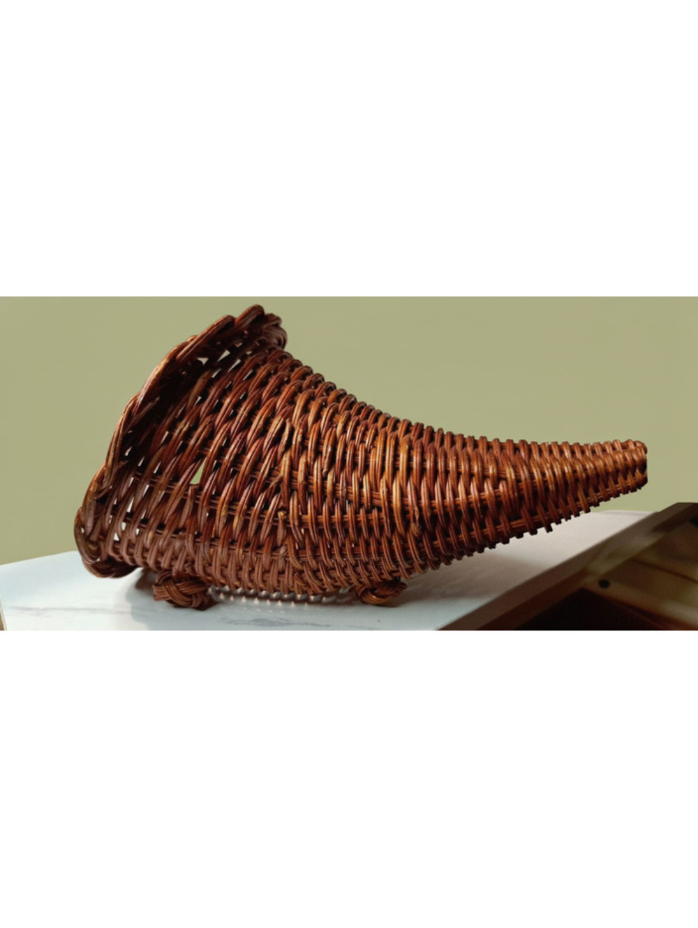 Vintage Brown Wicker Cornucopia Horn of Plenty Basket Wall Hanging or Footed